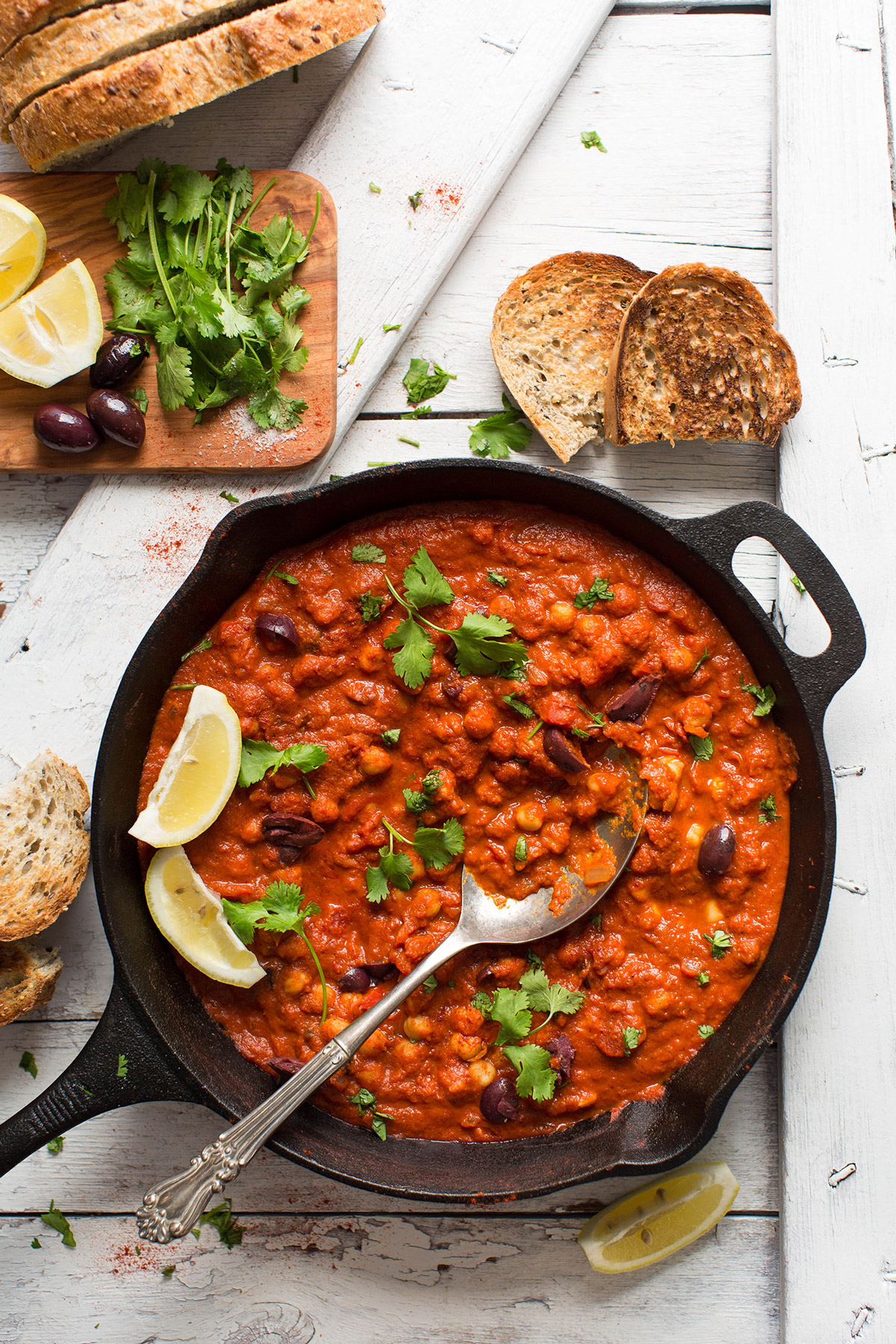 chickpea shakshuka in iron skillet