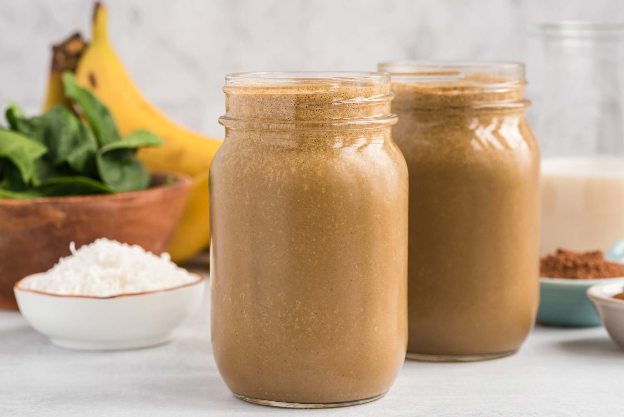 chunky monkey smoothie in mason jars