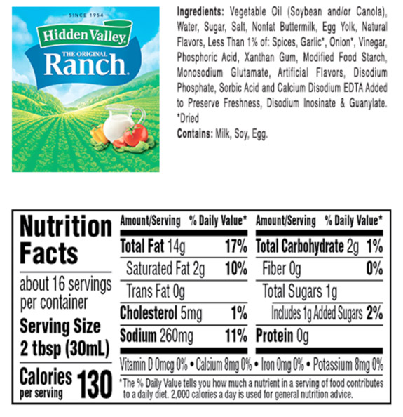 Hidden Valley Ranch nutritional label