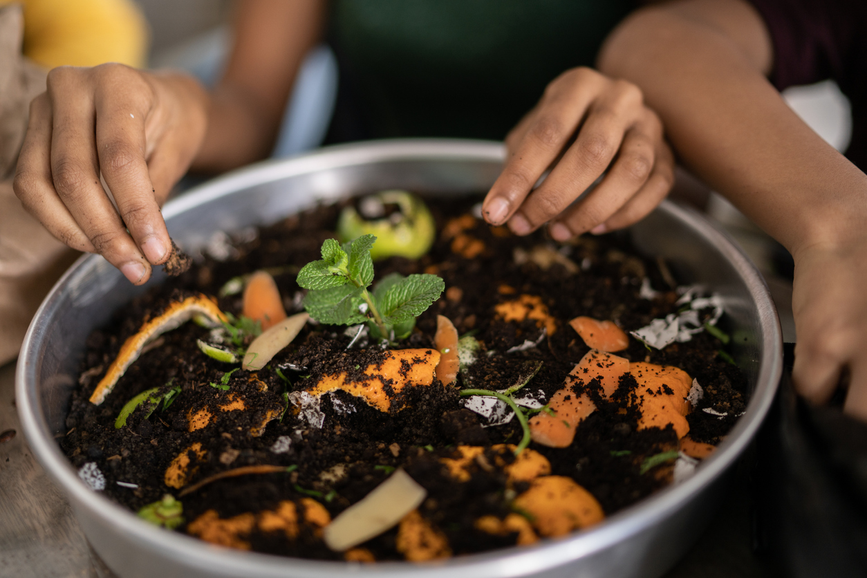 Family hands gardening and composting at home