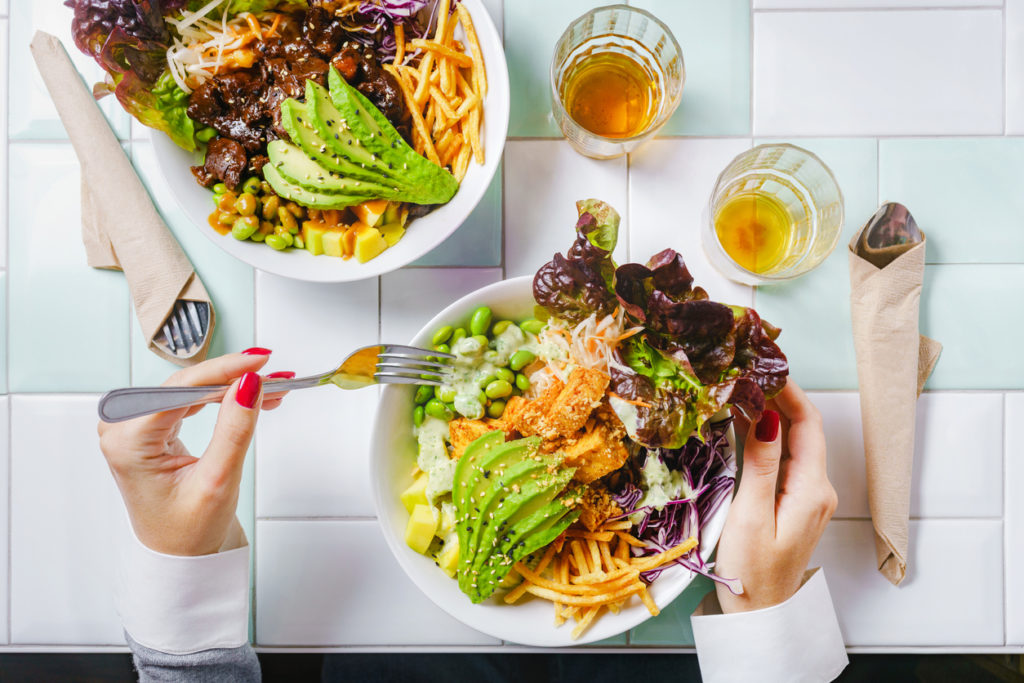 A plant-based meal for two seen from above