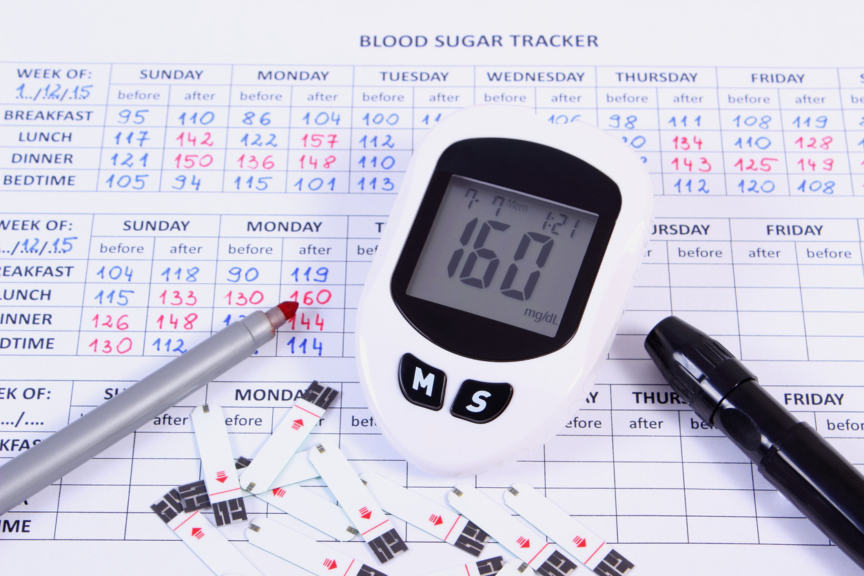 Glucometer and pen on medical form, measuring sugar level