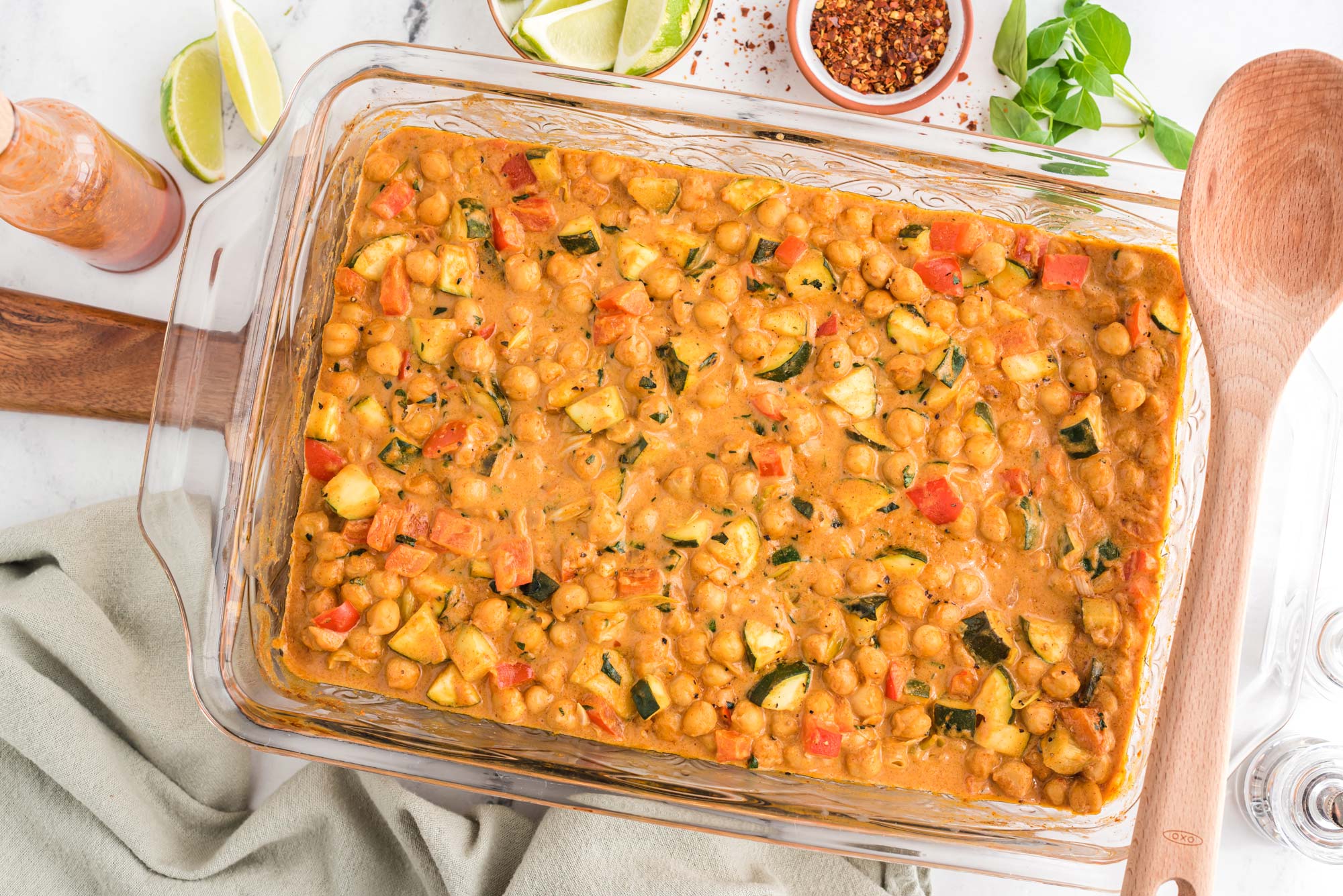 thai almond chickpea curry in baking dish