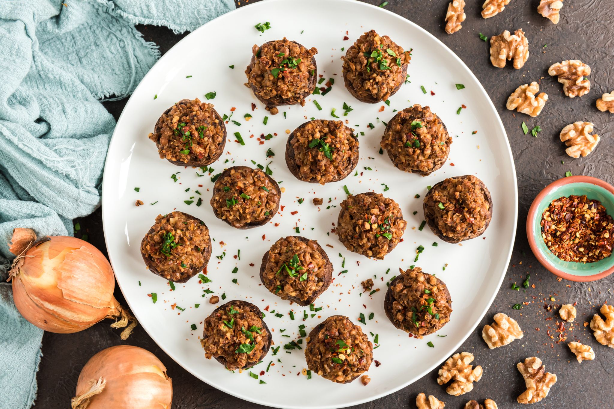 Walnut and Lentil Stuffed Mushrooms